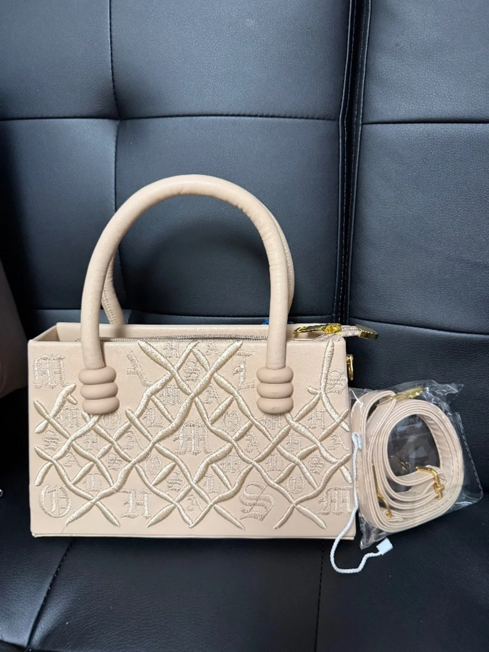 Beige Embroidered Satchel Handbag Top Handle Crossbody Gold Hardware